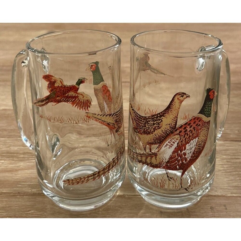(2) Anchor Hocking Triguba Pheasants Glasses Mug w/ Handle Man Cave Hunting